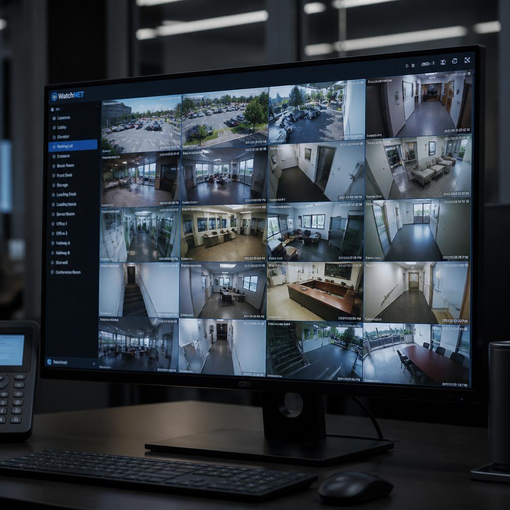 Monitor exibindo imagens de câmeras de segurança em tempo real